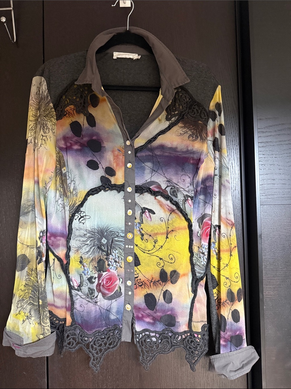 Elisa Cavaletti Mixed Media Art-to-Wear Blouse – Floral Watercolor/Crochet Lace
